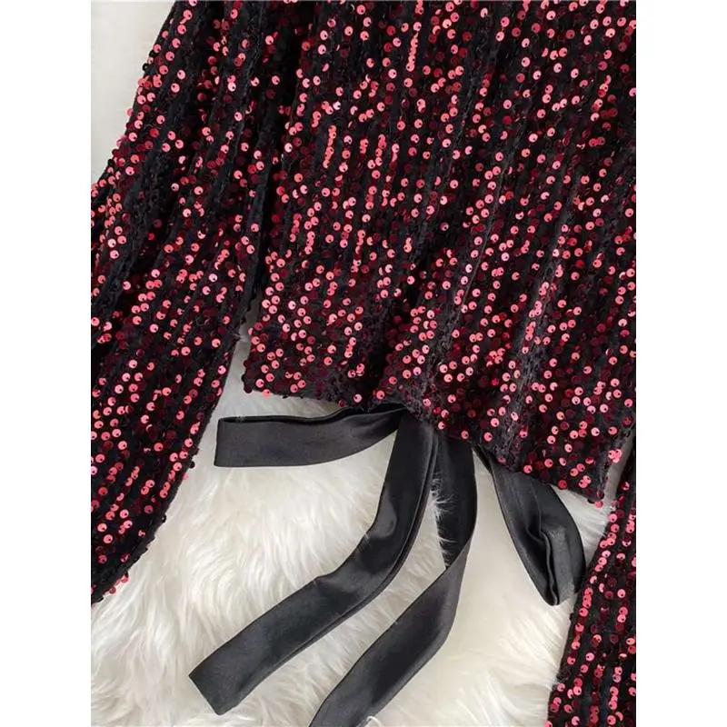 Camicetta da donna Faion con fiocco e paillettes, casual, vestibilità rigida, con nodo, in cotone, caldo, lunghezza sei Sve