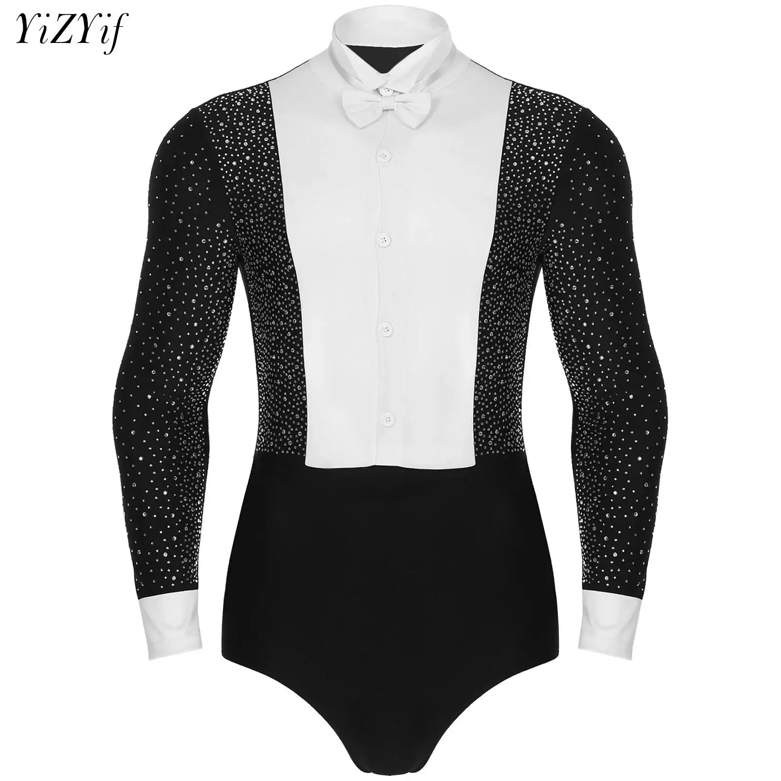 Men Latin Dance Leotard Rumba Cha-cha Ballroom Long Sleeve Shiny Rhinestones Dance Bodysuit with Bowtie Performance Dancewear