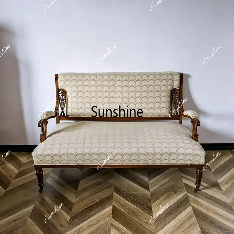American retro solid wood sofa chair carved fabric casual backrest armrest