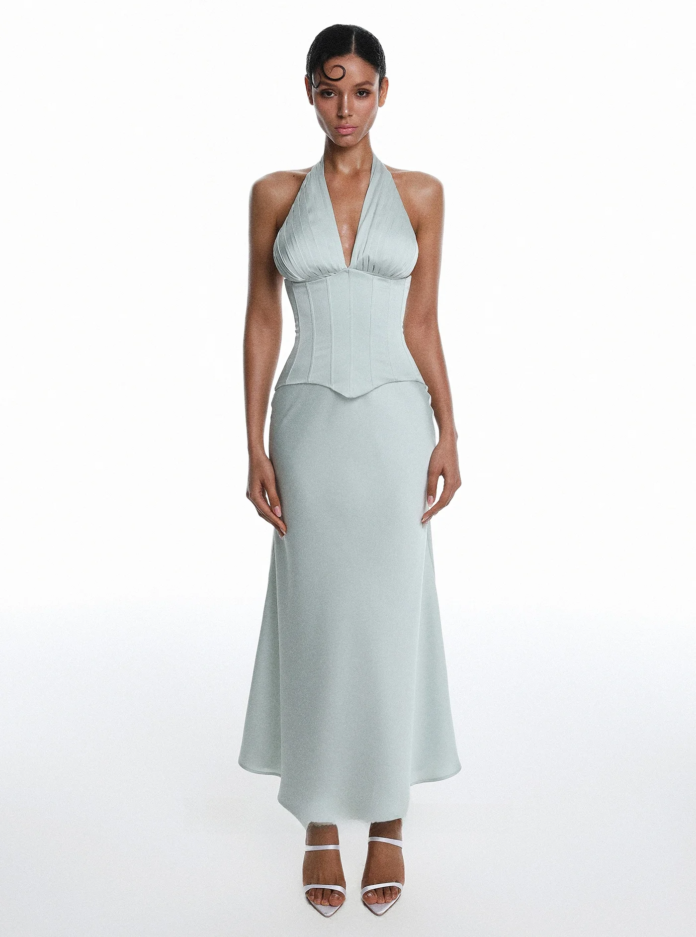 

Lian De Million Gentle Style Silk Satin Gown Neck Hanging Waist Cinching V-Neck Women's Slimming Elegant Casual Dress
