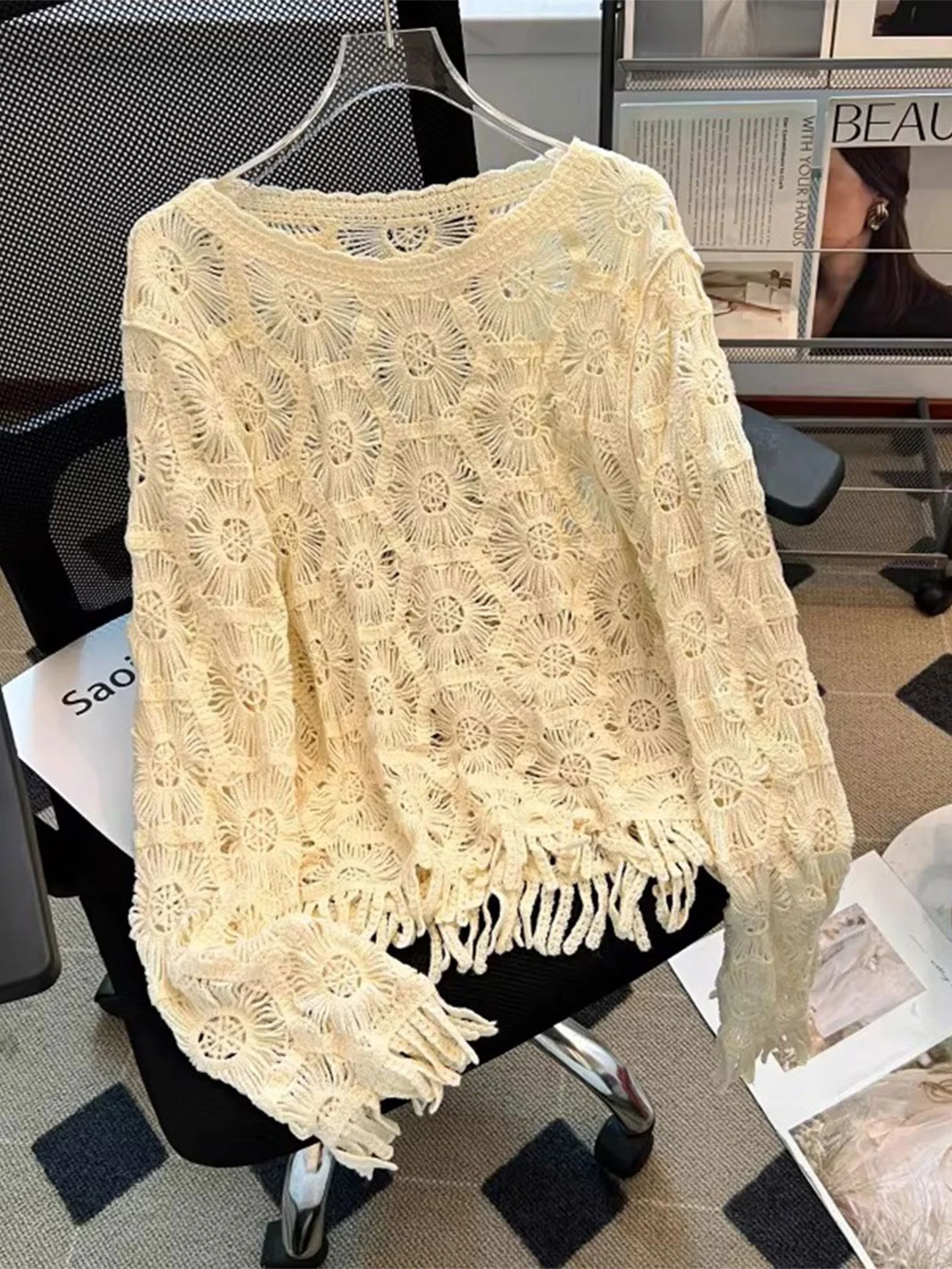 

Trendy Knitted Long Sve Loose Women's Top Lace Hollow out Fringed Casual Sle Spring Faion plus Size Cover up irt