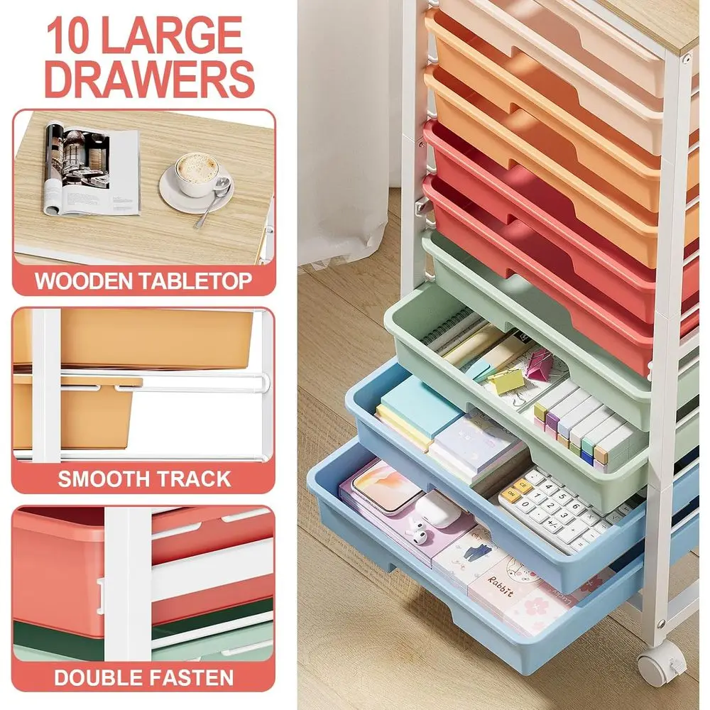 10-Drawer Mobile Storage Cart with Wooden Top for Classroom and Craft Organization
