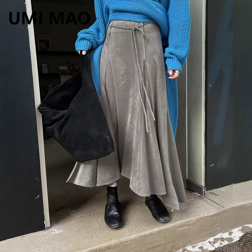 UMI MAO Women's Skirt 2024 Winter New Extremely Simple And Slimming Long Skirt Suede Fringed Lazy Style Skirts Femme