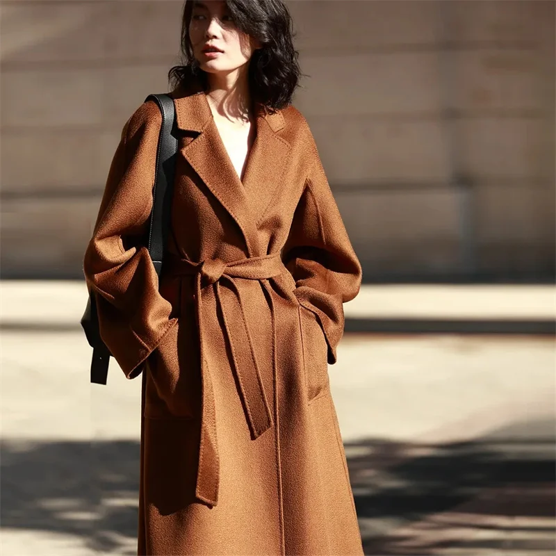

2025 High End Water Ripple Double-sided Wool Coat Women Long Bathrobe Style Autumn Winter Coat For Female