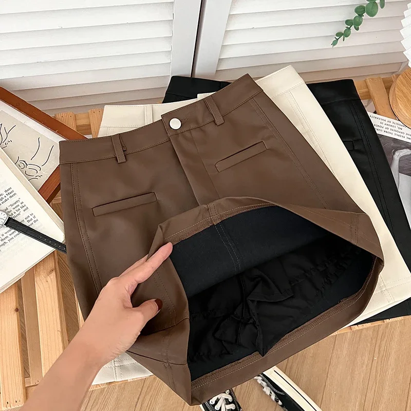 

Women Vintage Buttons Zipper Pocket PU Leather Skirt Versatile High Waist Solid Short Skirt Slim Anti Glare A-line Bodycon Skirt