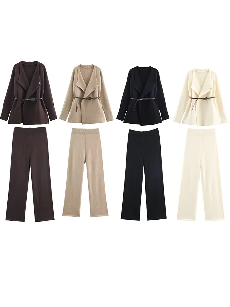 

HH Women V-Neck Belt Design Long-Sleeved Loose Knitted Cardigan Coat+Elastic Waist Casual Long Pants 2025 Fashion 2-Piece Set