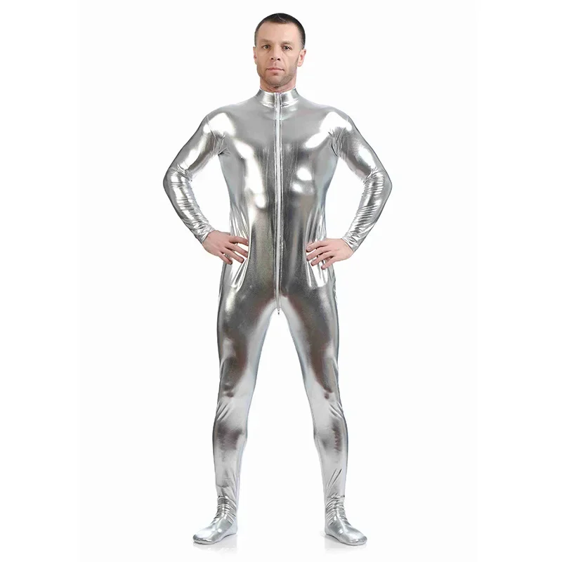 New Ensnovo Men Latex Suit Black Shiny Metallic Tights Gold Zentai Suit Full Body Unitard Custom Skin Bodysuit Zipper Front BS54