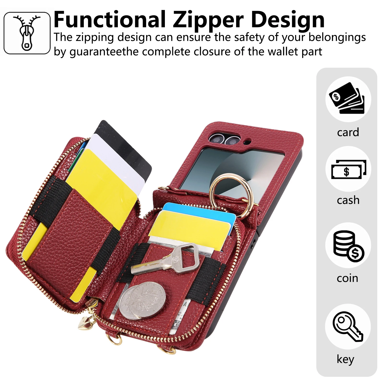 Bandolera con cremallera tarjetas Solt cartera Funda de cuero para Samsung Galaxy Z Flip 7 7FE 6 5 4 3 bolsa con cordón largo cubierta de soporte de anillo de rejilla