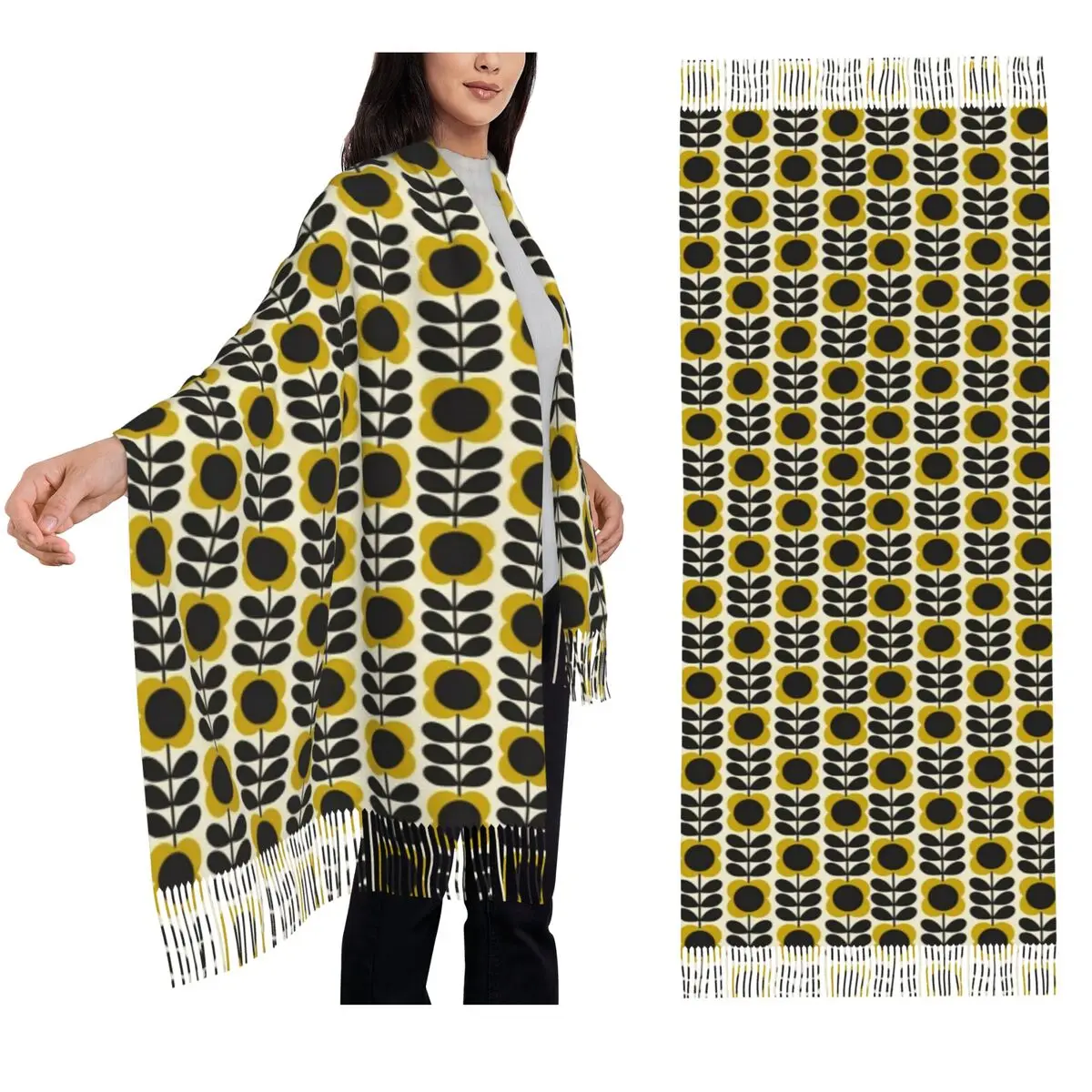 Oval Flower Stem Olive Orla Kiely Scarf Tassel Scarves Women Soft Warm Shawls and Wraps Long Fall Winter Shawl Wrap