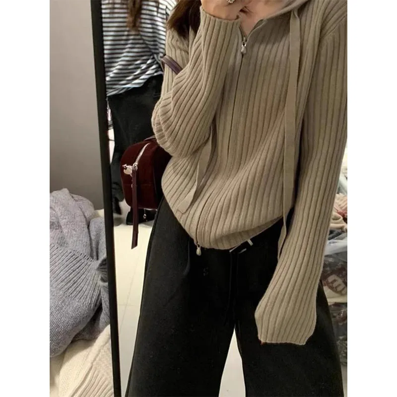 Autumn and winter women's casual Joker pure cashmere hooded wide-sided drawstring zipper knit cardigan
