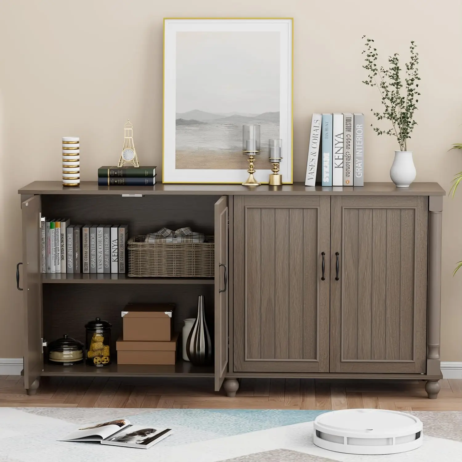 62인치 브라운 커피 바 캐비닛(수납장 포함), 주방, 식당, 거실용 4도어 사이드보드