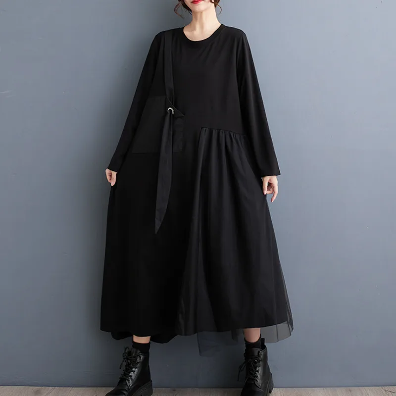 

#4012 Autumn Black Long A-line Dress Women Loose Split Joint Mesh Asymmetrical Dress Ladies Long Sleeve Elegant Ankle-length
