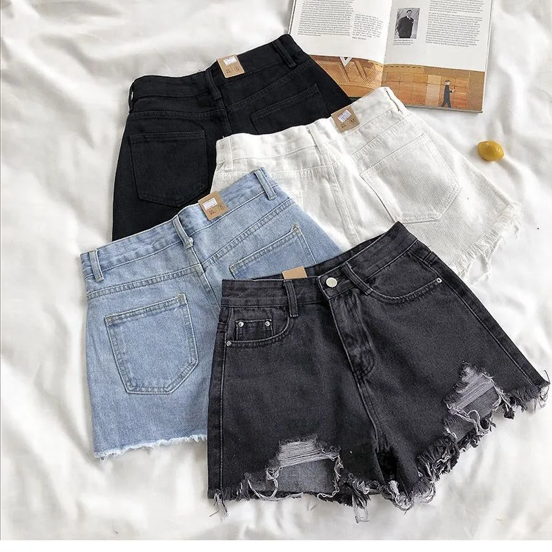 Korean Denim Shorts Women Summer Fashion Casual High Waist Ripped Jeans Pocket Tassel Y2K Hot Pants Streetwear Blue Trousers