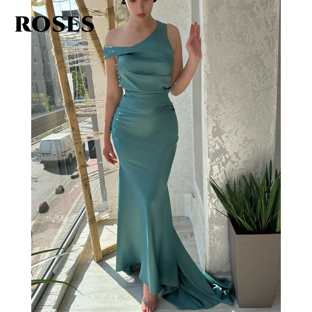 

ROSES Green Elegant Prom Dress One Shoulder Short Sleeve Ball Gown for Woman Satin Mermaid Evening Dresses 프롬 드레스 Customized