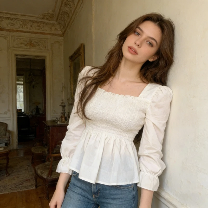 

Модная женская блузка Y2K: новая коллекция весна-осень, элегантная повседневная белая рубашка с длинным рукавом, квадратным вырезом и приталенным силуэтом