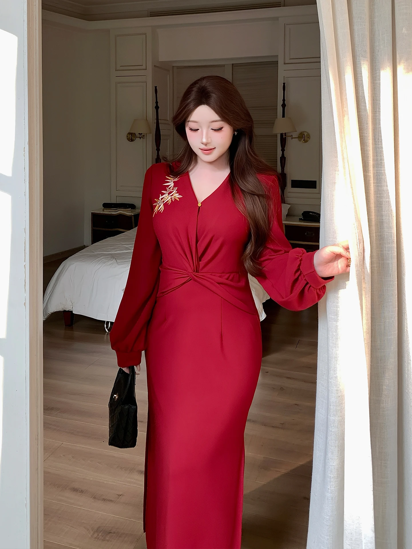 

Новое модное красное платье больших размеров с вышивкой и V-образным вырезом в китайском стиле для женщин больших размеров