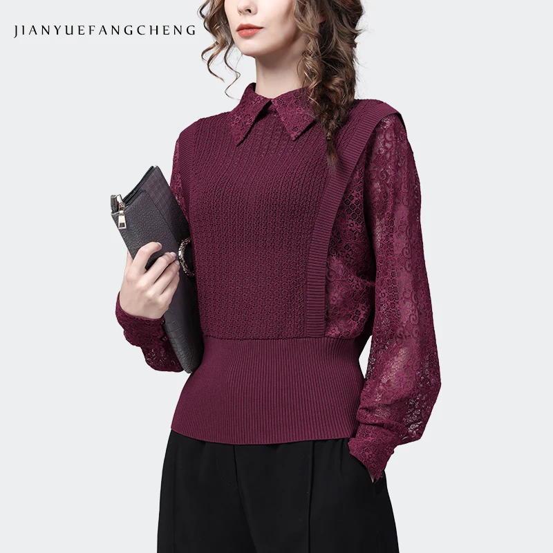 

Women Fall Winter Wine Red Lace Sleeve Ponited Collar Knitted Sweater Vintage Fake Two Pieces Design Pullovers Tops