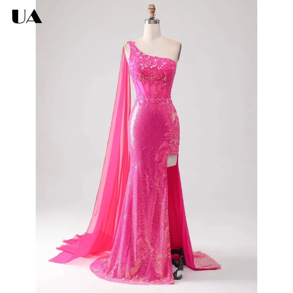 

ULBYANRY Customized Mermaid Slit Evening Dress for Woman, Saprkly Appliques Party Dress, Formal Asymmetrical Collar Ball Gown
