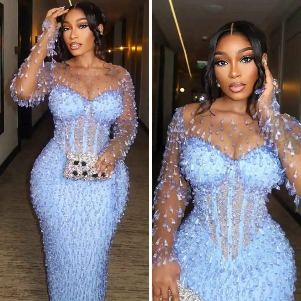 

Сексуальное вечернее платье русалки с круглым вырезом и кристаллами из бисера, платья для выпускного вечера, изысканные вечерние платья длиной до пола с длинными рукавами по индивидуальному заказу