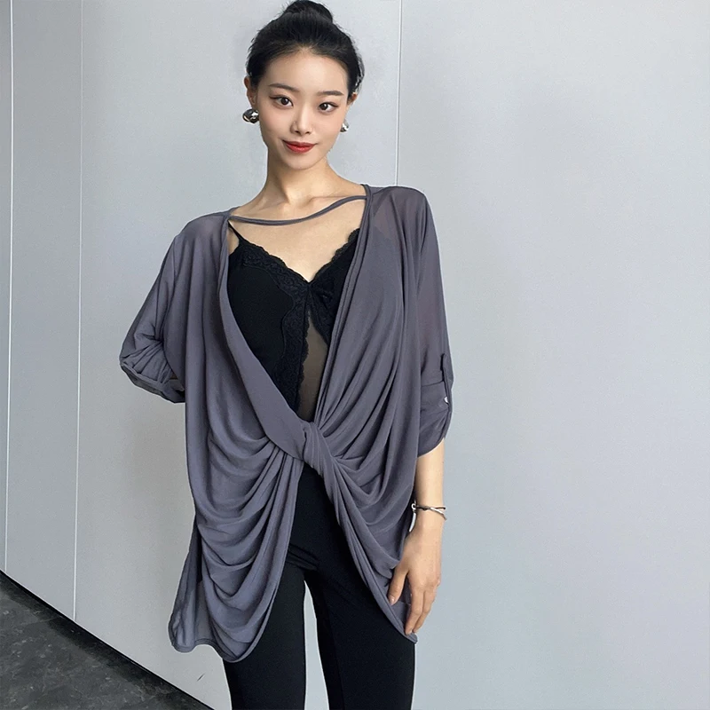 Strój do tańca latynoamerykańskiego dla dorosłych, damski, szary top treningowy, luźny, siateczkowy fartuch do latynoamerykańskich tańców, tango, cha-chy, rumby, taniec w linie, VBH2167