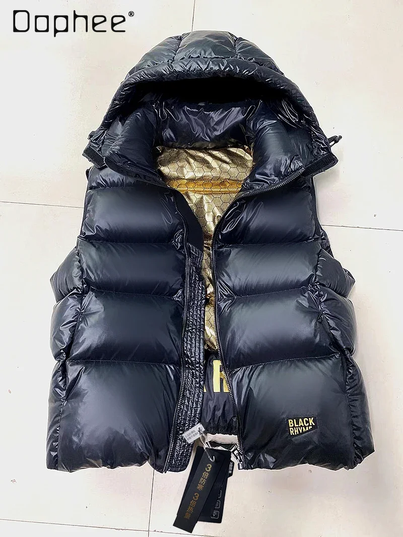 Down Jacket Black Gold Goose Down Vest Hooded Men and Women Sleeveless Stand Collar Short Vest 2024 Winter Puffer Jacket