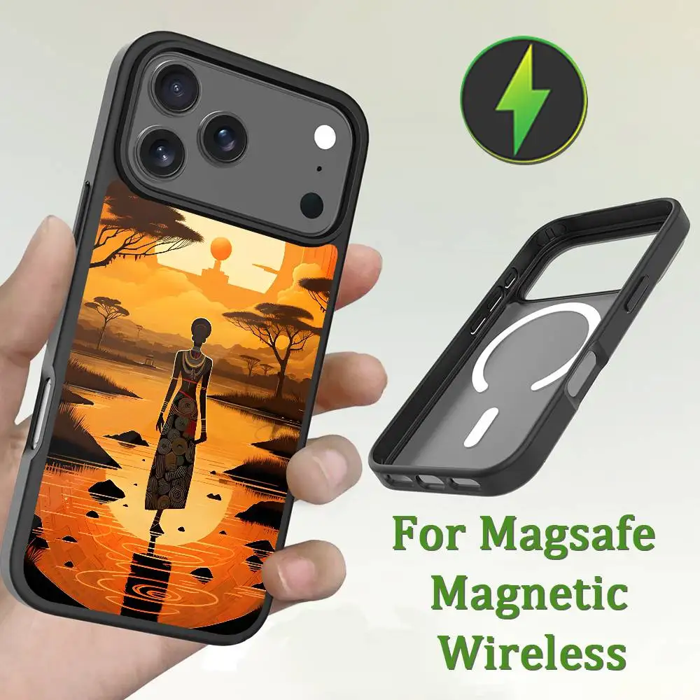 Casing Ponsel Seni Afrika Untuk iPhone 13,12,11,16,15,17,14,Pro,Max,Plus,Mini,Magsafe,Pengisian Daya Nirkabel Magnetik