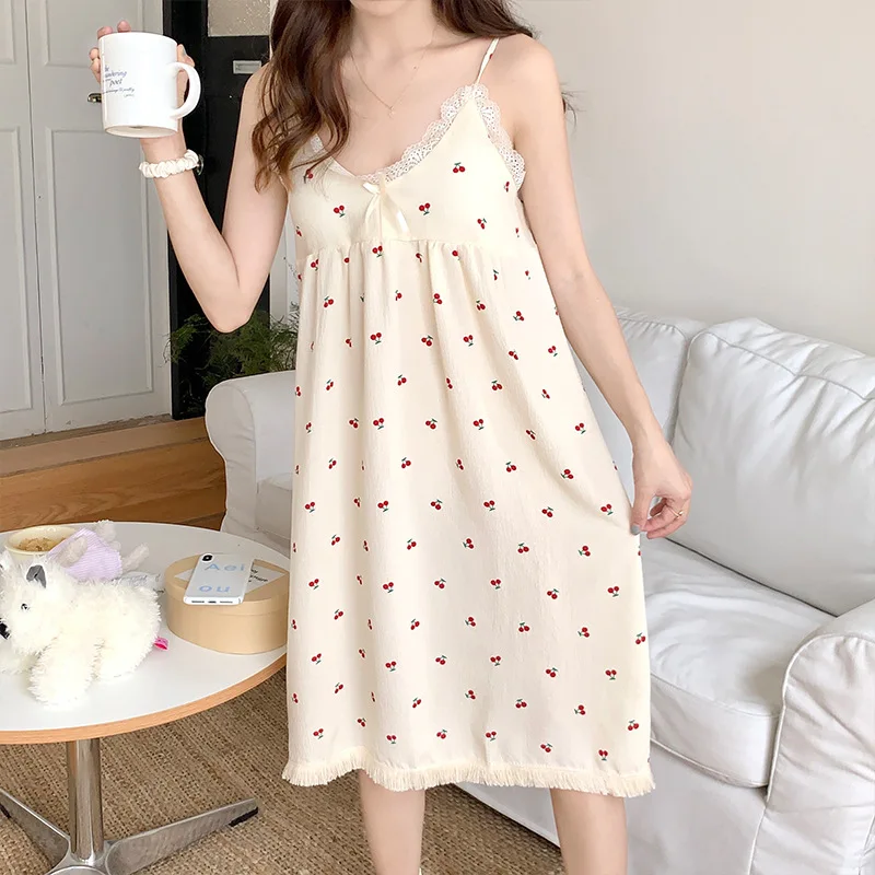 

Ling Cherry Print Suspender Nightdress For Women Summer New comfortable Pajamas Sweet Cute Women's Night Gowns Sleepwear