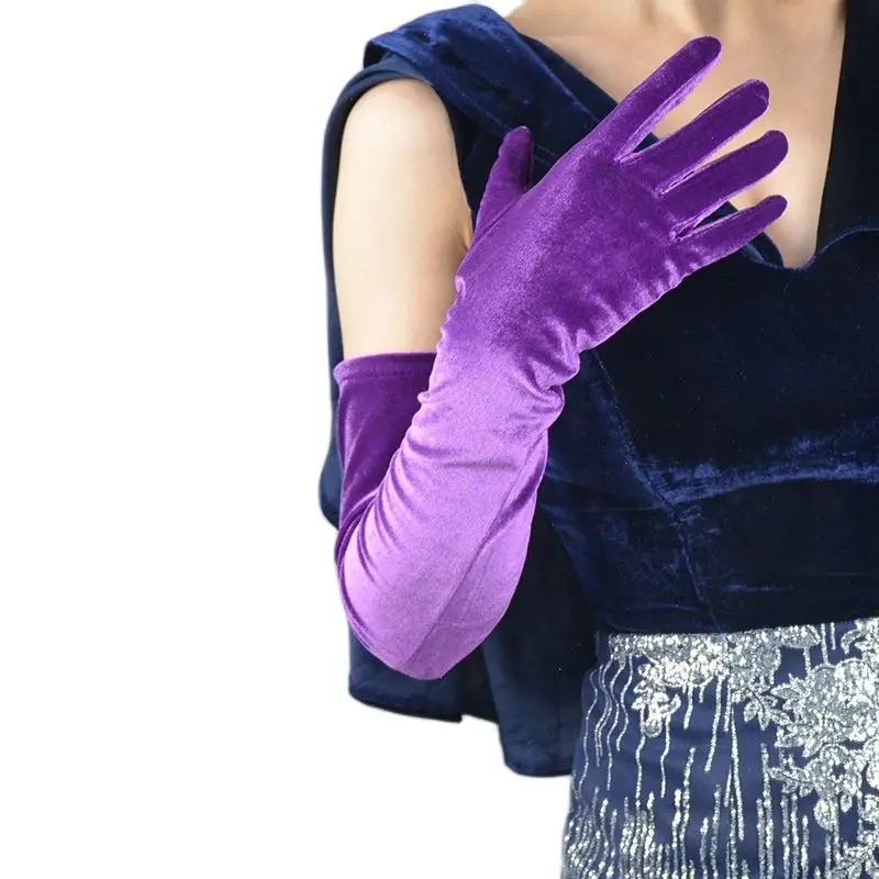 Guantes largos de terciopelo para mujer, guantes de 60cm de largo, color morado oscuro, alta elasticidad, terciopelo de cisne dorado, pantalla