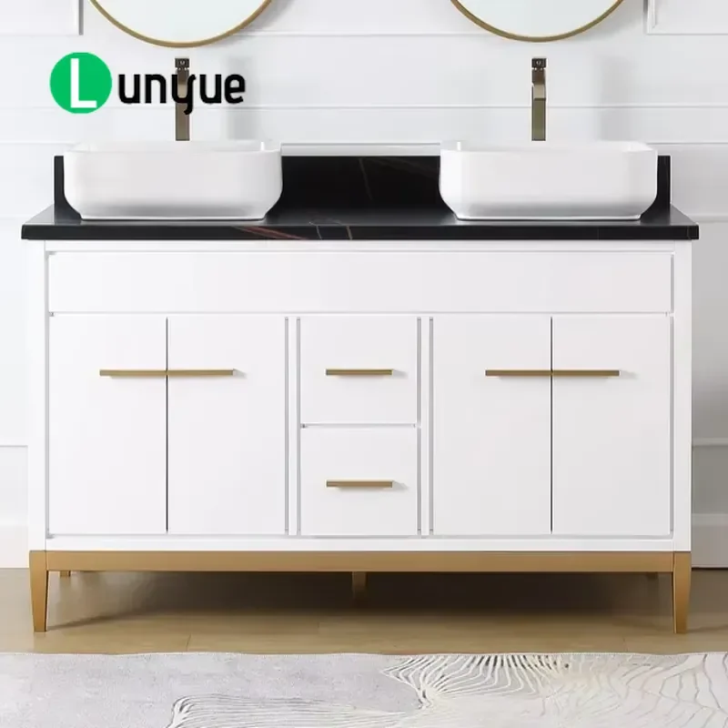 Modern Minimalist Eco Friendly Durable Wind Rock Slab Double Sink 60 Inch White Bathroom Washstand Cabinet For Home