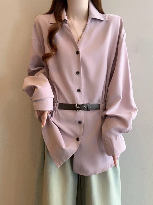

Elegant Purple V-Neck Shoulder-Length Women's Shirt Spring Summer New Style plus Size Slim Fit Mid-Length Waist-Cinching Top