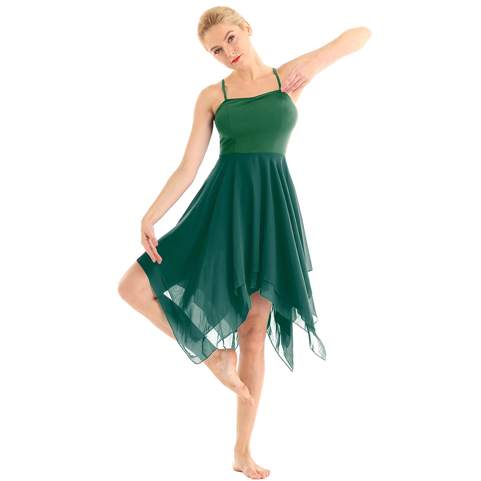 Women Lyrical Dance Costumes Chiffon Sleeveless Asymmetrical Hem Ballet Tutu Dress Ballroom Contemporary Performance Dancewear