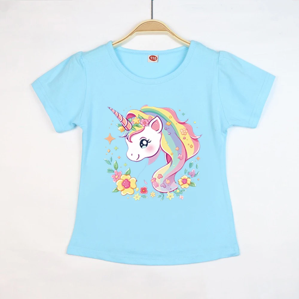 Einhorn-Sommer-T-Shirt aus Baumwolle für Kinder, kurzärmelig, lässig, modisch, kurzärmelig, trendige, weiche Mädchenkleidung, 2–10 Jahre – Detail 2