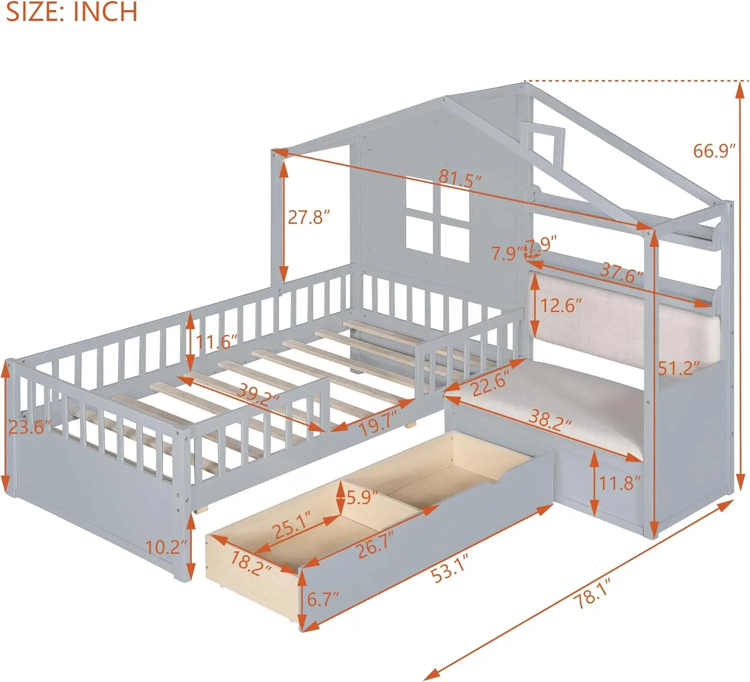 Bovza-sofá de casa de tamaño doble para niños, banco y 2 cajones, marco de cama de plataforma de madera con valla y techo, estantes de almacenamiento, para niñas