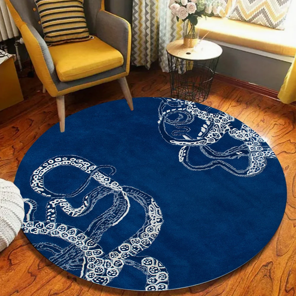 Oktopus Tentakel bedruckter kreisförmiger Teppich im nordischen Stil, Ozean-Serie, Teppich für Innenräume, Schlafzimmer, Wohnzimmer, weiche dekorative Fußmatte