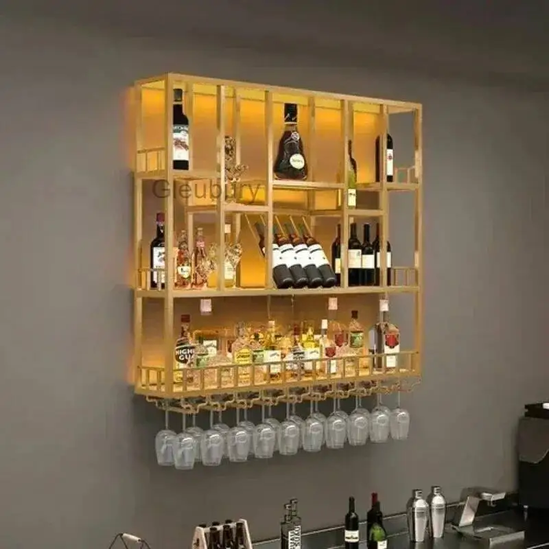 

Customized: bar counter wine cabinet against the wall, hanging shelves, industrial style bar, wrought iron display stand,