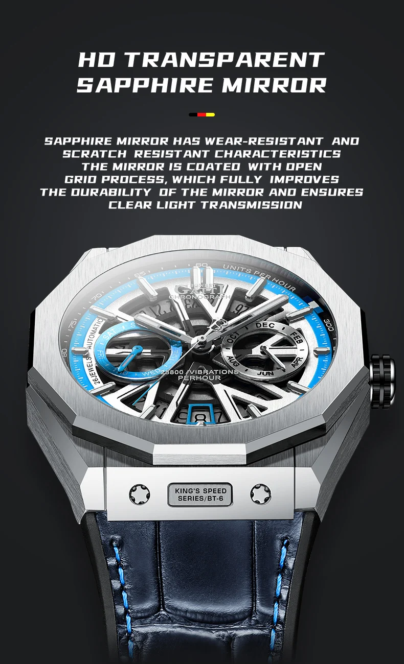 BONEST GATTI Orologio automatico da uomo Orologio da polso meccanico di lusso Scheletro Impermeabile Zaffiro Luminoso Moda Mese Settimana Data