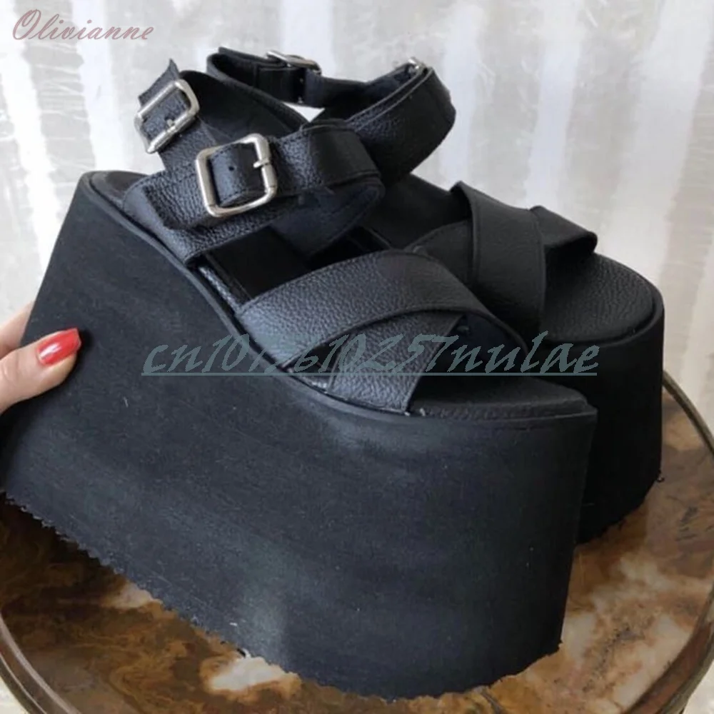 

Black Thick Soled Platform Holiday Sandals Cross Tied Leather Wedge High Heel Party Fashion 2026 Women Shoes Zapatos Para Mujere