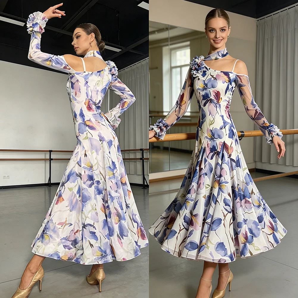 Image of Ballsaal-Tanzkleidung für Erwachsene 2026 Walzer-Druck Rosenrotes Übungskleid Langärmliges Leopardenmuster-Kleid mit Trägern