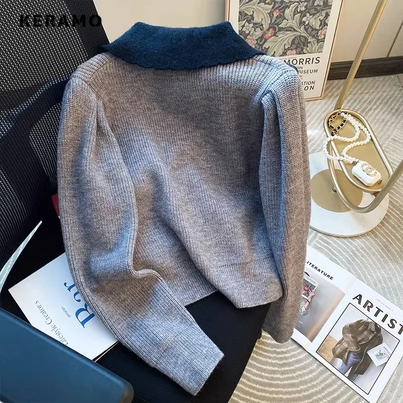 2023 Autumn Winter Luxury Office Lady Knitting Long Sleeve Cardigans Women\'s Fashion Elegant Turn Down Collar Patchwork Sweater