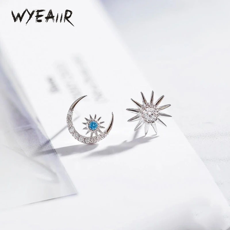 

WYEAIIR 925 Sterling Silver Creative Star Moon Sun Cute Mini Fine Jewelry Female Earrings