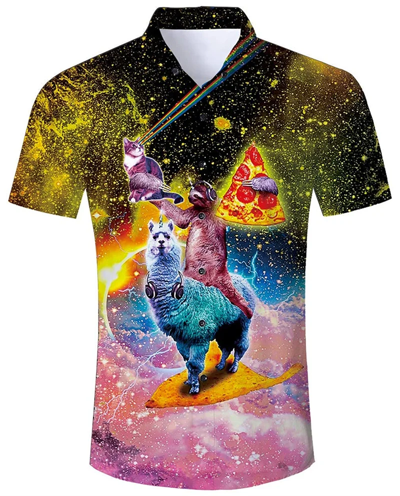 

2025 Fashion Trendy Summer Men's Shirts Cat Print Hawaiian Shirt Men's Casual Short Sleeve Clothing Fashionable Vintage Stree