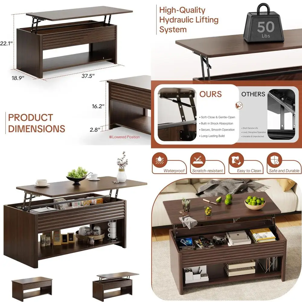 Modern Rectangular Lift-Top Coffee Table with Fluted Design, Storage, and Rounded Edges in Brown