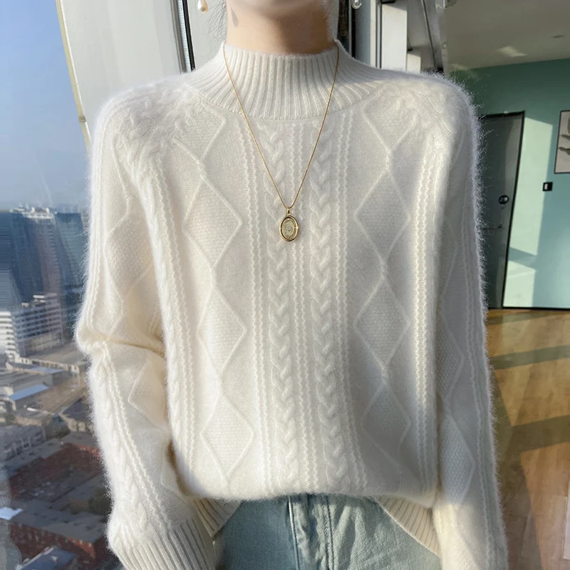 autumn and winter New 100% merino wool women\'s semi-high neck diamond thick twist knitted cashmere sweater loose pullover