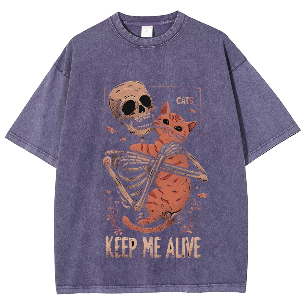 Cute Fun Old Washed Denim Short Sleeved Skull And Cat Letter Print Crew Neck Shoulder Down New 2024 Summer T-Shirt
