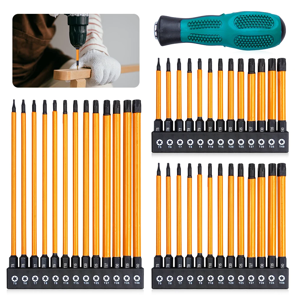 Conjunto de 13 peças de chaves de fenda Torx em liga de aço S2 T5-T40 com comprimento estendido de 75/100/150mm para reparo e manutenção eletrônica.