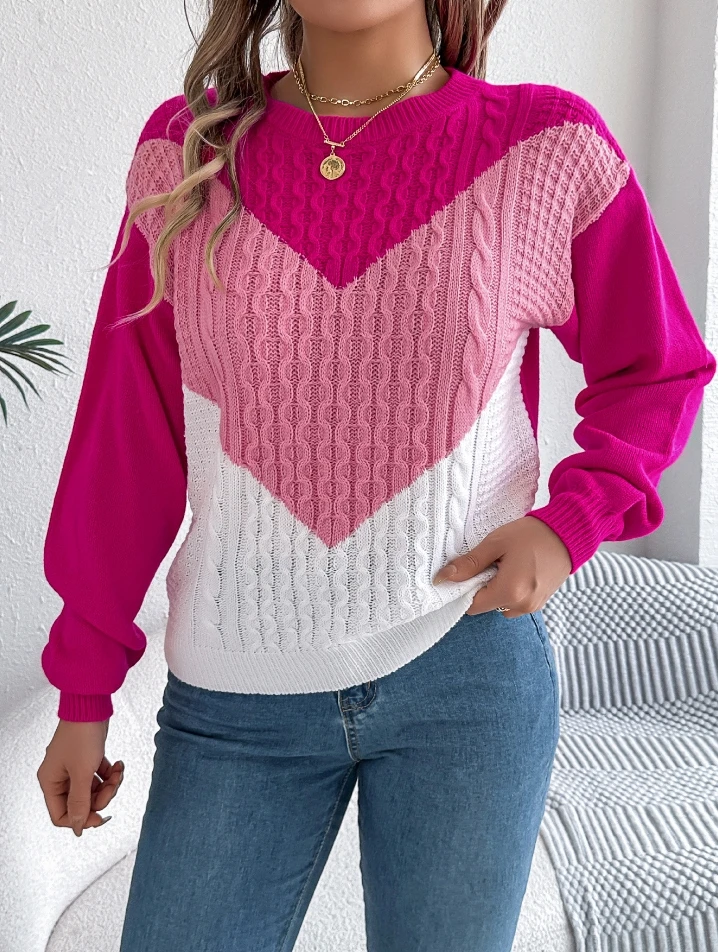 Women's Street Trend Pullover 2025 Autumn Winter Latest Color Blocking Fried Dough Twists Lantern Sleeve Pullover Sweater Top