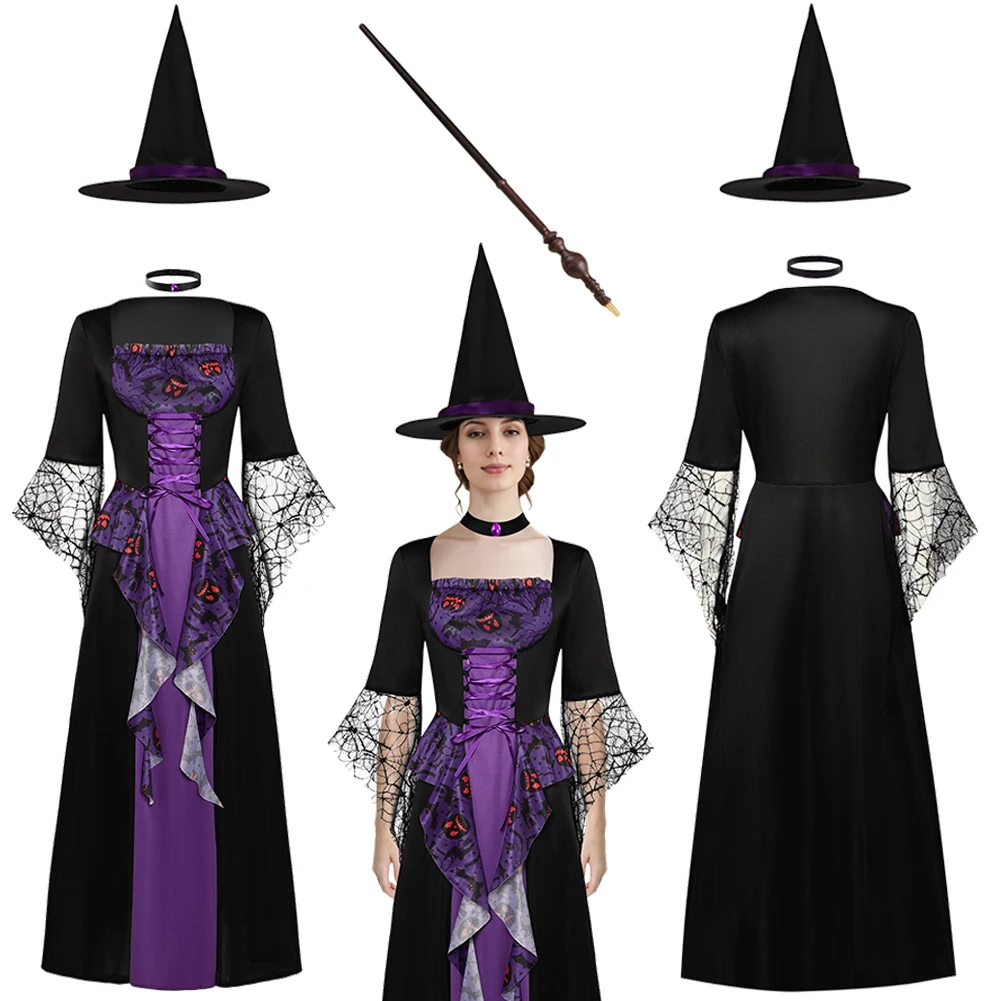 

Cosplay Witch Cos Purple Dress Fantasy Clothing Women Roleplay Magic Wand Witch Hat Set Girls Halloween Party Carnival Costume