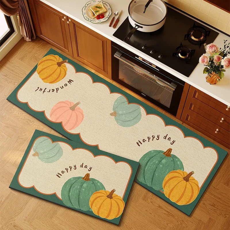 

Non-slip Kitchen Floor Mat PVC Leather Washable Foot Rug Pumpkin Pattern Oil-proof Waterproof Carpet Retro Home Decoration Mats