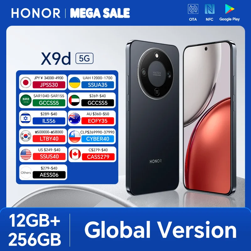 HONOR X9d 12GB+256GB Global Version 5G Smartphone 6.79'' 120Hz AMOLED Screen 108MP AI Main Camera 8300 mAh 66W Supercharging
