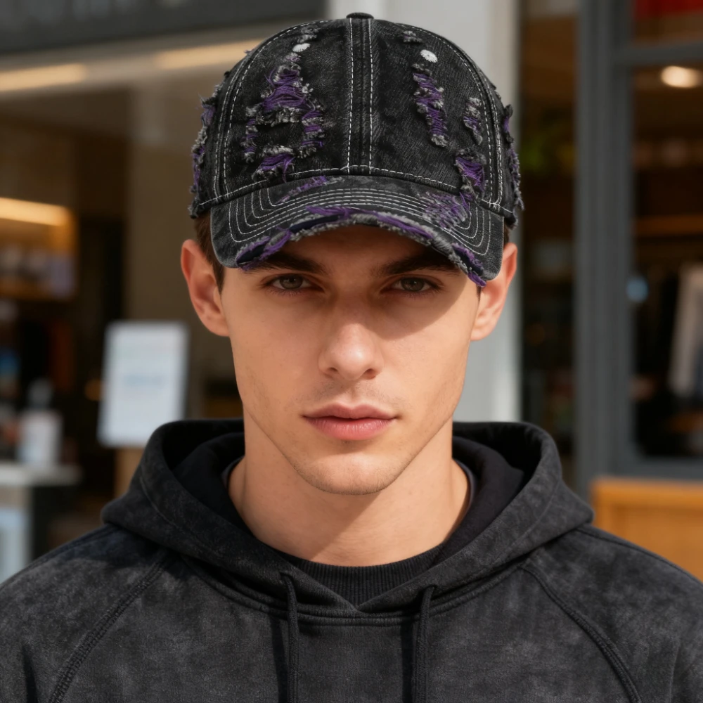 Distressed Denim Baseball Cap Ripped Vintage Style with Colorful Threads Couple Streetwear Hats Cotton Caps Fashion Daily Wear